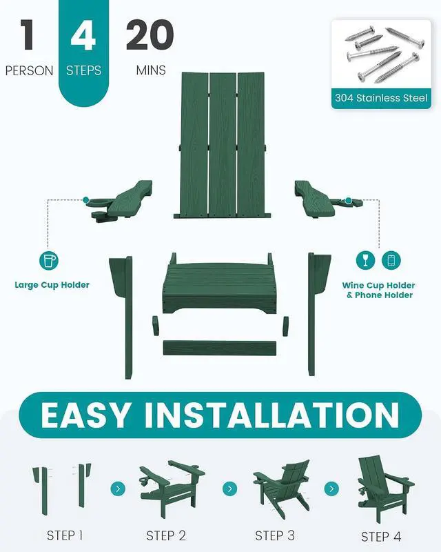 Alt view image 5 of 7 - Modern Adirondack Chair Set of 2, Folding Adirondack Chair with Cup Holders, Fire Pit Chairs, Lawn Chair for Patio Garden, Green