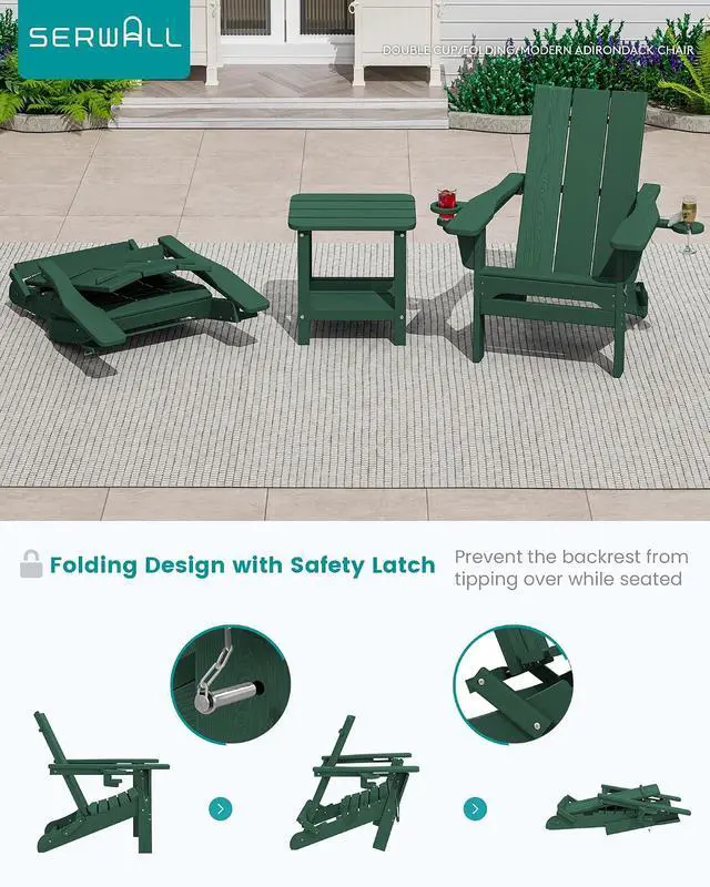 Alt view image 6 of 7 - Modern Adirondack Chair Set of 2, Folding Adirondack Chair with Cup Holders, Fire Pit Chairs, Lawn Chair for Patio Garden, Green