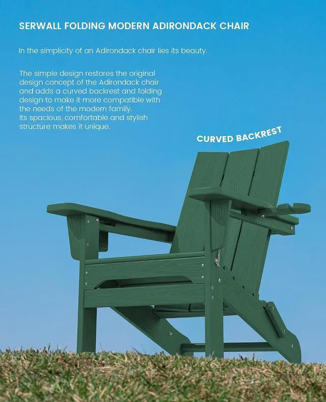 Alt view image 7 of 7 - Modern Adirondack Chair Set of 2, Folding Adirondack Chair with Cup Holders, Fire Pit Chairs, Lawn Chair for Patio Garden, Green