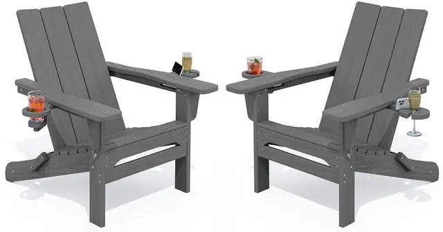 Main image of Outdoor HDPE Adirondack Chair Set 2Folding Adirondack Chair with Cup Holders, All Weather Resistant Modern Adirondack Chair, Gray