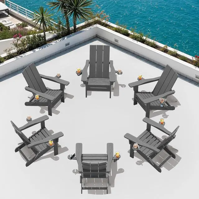 Main image of Outdoor HDPE Adirondack Chair Set 6Folding Adirondack Chair with Cup Holders, All Weather Resistant Modern Adirondack Chair, Gray