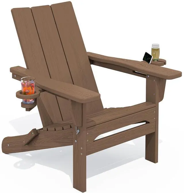 Main image of Modern Adirondack Chair, Folding Adirondack Chair with Cup Holders, Outdoor HDPE Fire Pit Chair for All Weather Use, Brown