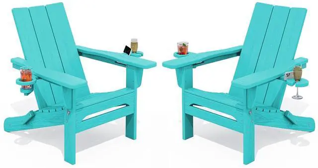 Main image of Modern Adirondack Chair Set of 2, Folding Adirondack Chair with Cup Holders, Outdoor HDPE Adirondack Chair, Teal