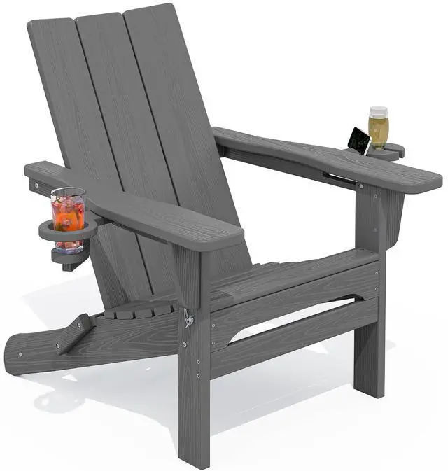Main image of Outdoor HDPE Modern Adirondack ChairFolding Adirondack Chair with Cup Holders, All Weather Resistant Fire Pit Chair, Gray