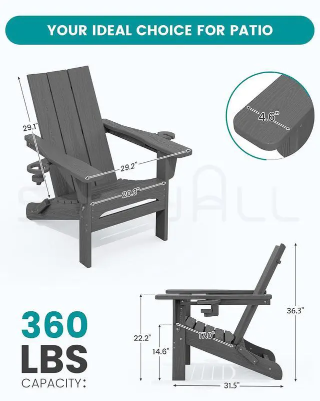 Alt view image 2 of 7 - Modern Folding Adirondack Chair Set 4, Outdoor, Relaxing, Grey, Polyethylene, Wood Finish, Arm Rest, Cup Holders