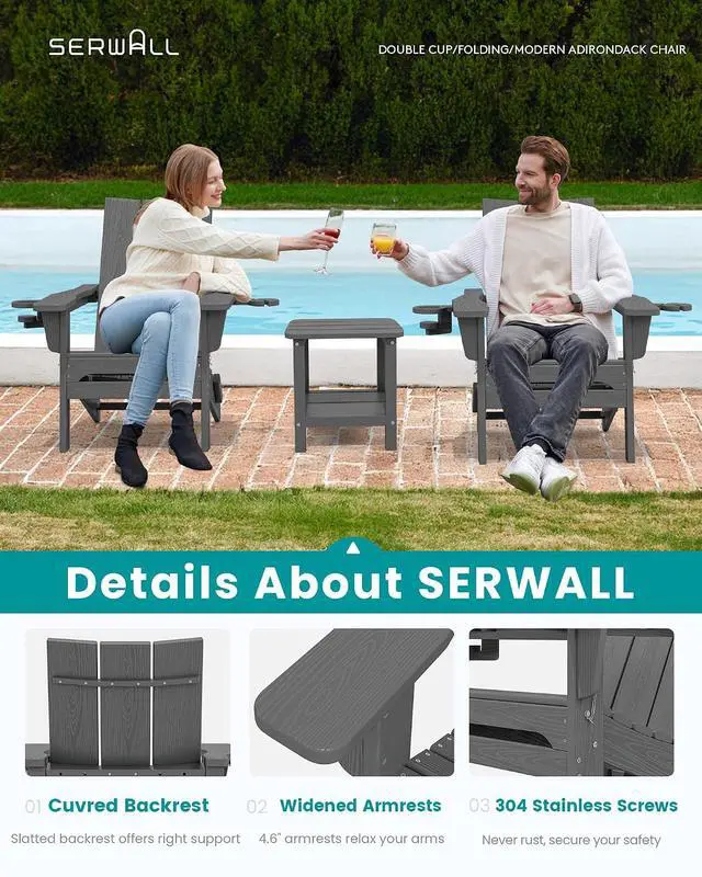 Alt view image 3 of 7 - Modern Folding Adirondack Chair Set 4, Outdoor, Relaxing, Grey, Polyethylene, Wood Finish, Arm Rest, Cup Holders