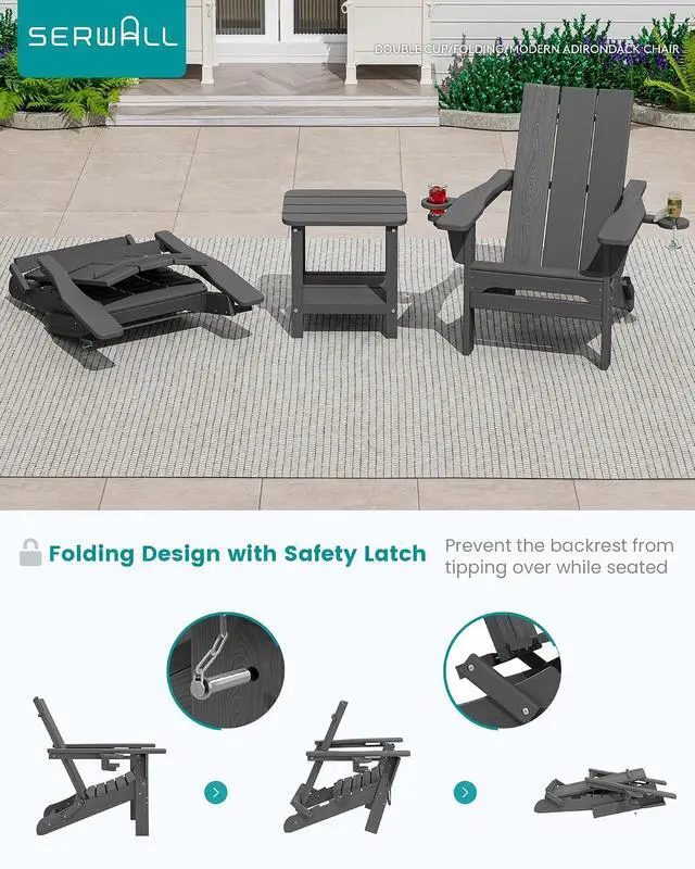 Alt view image 4 of 7 - Modern Folding Adirondack Chair Set 4, Outdoor, Relaxing, Grey, Polyethylene, Wood Finish, Arm Rest, Cup Holders