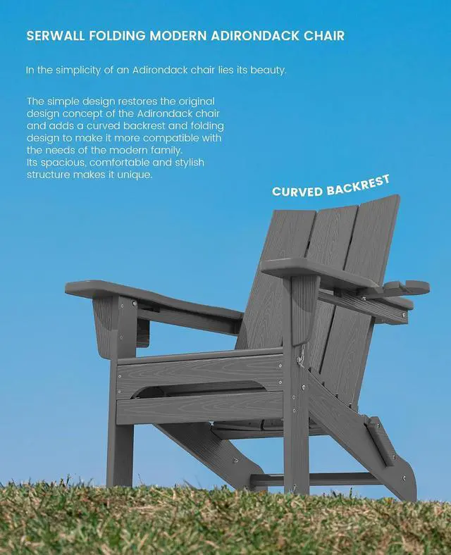 Alt view image 6 of 7 - Outdoor HDPE Modern Adirondack ChairFolding Adirondack Chair with Cup Holders, All Weather Resistant Fire Pit Chair, Gray