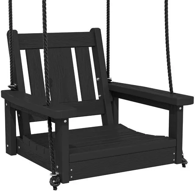 Main image of HDPE Single Porch Swing, Heavy Duty Single Person Swing Chair with 2 Polypropylene Hanging Ropes, Adirondack Hanging Chair for Outdoor Front Porch Patio Garden Yard, Black