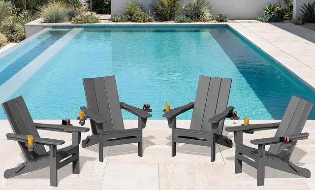 Main image of Modern Folding Adirondack Chair Set 4, Outdoor, Relaxing, Grey, Polyethylene, Wood Finish, Arm Rest, Cup Holders