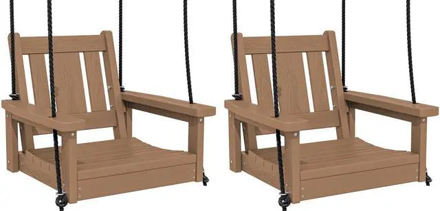 Main image of HDPE Single Porch Swing Set of 2, Heavy Duty Single Person Swing Chair with 2 Polypropylene Hanging Ropes, Adirondack Hanging Chair for Outdoor Front Porch Patio Garden Yard, Brown