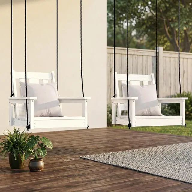 Main image of HDPE Single Porch Swing Set of 2 with Pillows(500 PP Cotton Filling), Heavy Duty Single Person Swing Chair with Adjustable Hanging Ropes, Adirondack Hanging Chair for Courtyard & Garden, White