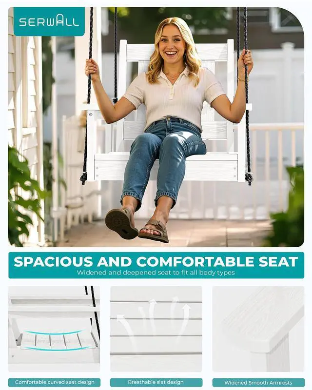 Alt view image 7 of 7 - HDPE Single Porch Swing Set of 2 with Pillows(500 PP Cotton Filling), Heavy Duty Single Person Swing Chair with Adjustable Hanging Ropes, Adirondack Hanging Chair for Courtyard & Garden, White