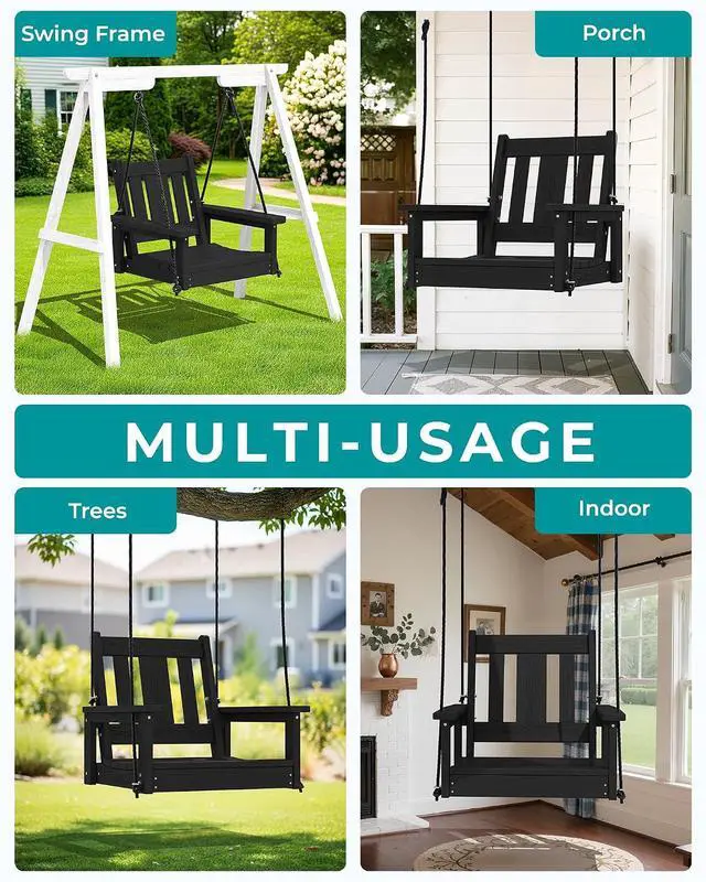 Alt view image 4 of 7 - HDPE Single Porch Swing Set of 2 with Pillows(500 PP Cotton Filling), Heavy Duty Single Person Swing Chair with Adjustable Hanging Ropes, Adirondack Hanging Chair for Courtyard & Garden, Black