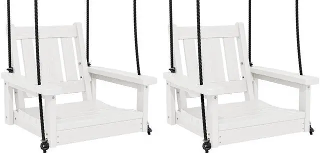 Main image of HDPE Single Porch Swing Set of 2, Heavy Duty Single Person Swing Chair with 2 Polypropylene Hanging Ropes, Adirondack Hanging Chair for Outdoor Front Porch Patio Garden Yard, White