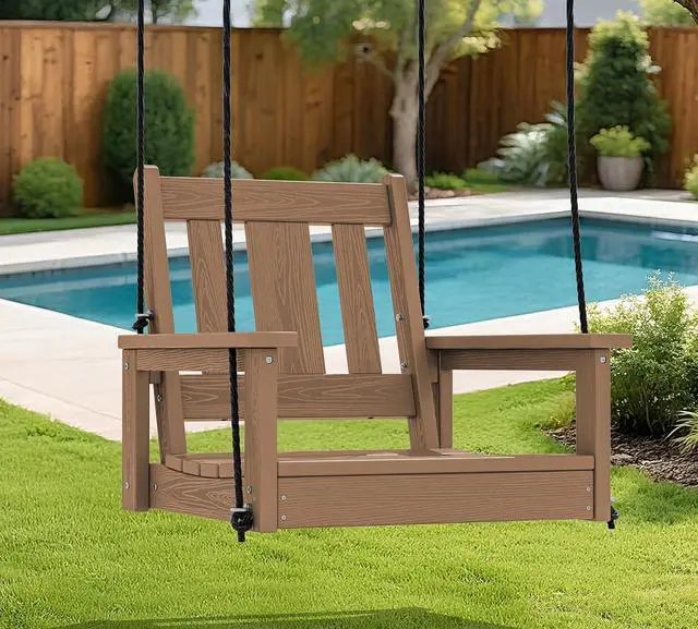 Alt view image 7 of 7 - HDPE Single Porch Swing, Heavy Duty Single Person Swing Chair with 2 Polypropylene Hanging Ropes, Adirondack Hanging Chair for Outdoor Front Porch Patio Garden Yard, Brown