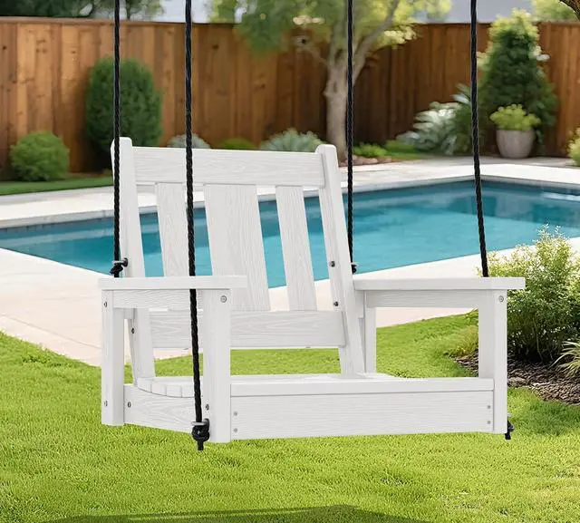 Alt view image 7 of 7 - HDPE Single Porch Swing Set of 2, Heavy Duty Single Person Swing Chair with 2 Polypropylene Hanging Ropes, Adirondack Hanging Chair for Outdoor Front Porch Patio Garden Yard, White