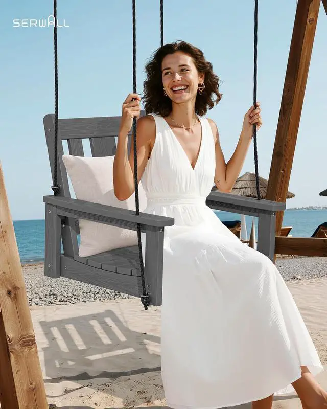 Alt view image 2 of 7 - HDPE Single Porch Swing Set of 2 with Pillows(500 PP Cotton Filling), Heavy Duty Single Person Swing Chair with Adjustable Hanging Ropes, Adirondack Hanging Chair for Courtyard & Garden, Gray