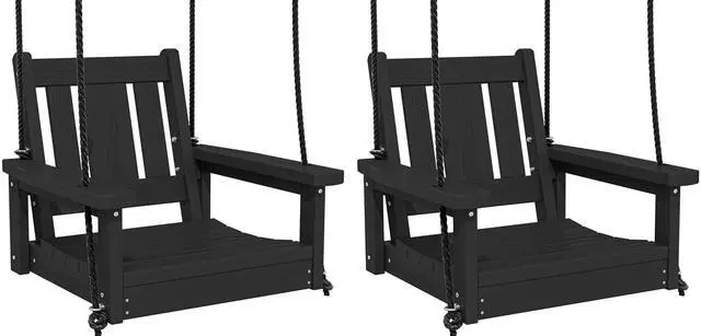 Main image of HDPE Single Porch Swing Set of 2, Heavy Duty Single Person Swing Chair with 2 Polypropylene Hanging Ropes, Adirondack Hanging Chair for Outdoor Front Porch Patio Garden Yard, Black