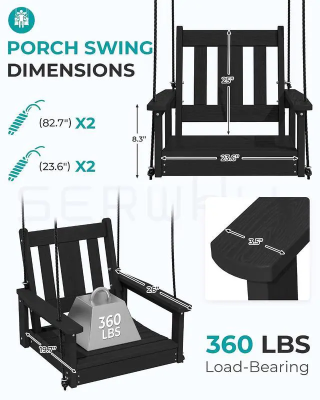 Alt view image 3 of 7 - HDPE Single Porch Swing Set of 2 with Pillows(500 PP Cotton Filling), Heavy Duty Single Person Swing Chair with Adjustable Hanging Ropes, Adirondack Hanging Chair for Courtyard & Garden, Black