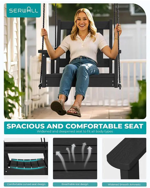 Alt view image 7 of 7 - HDPE Single Porch Swing Set of 2 with Pillows(500 PP Cotton Filling), Heavy Duty Single Person Swing Chair with Adjustable Hanging Ropes, Adirondack Hanging Chair for Courtyard & Garden, Black