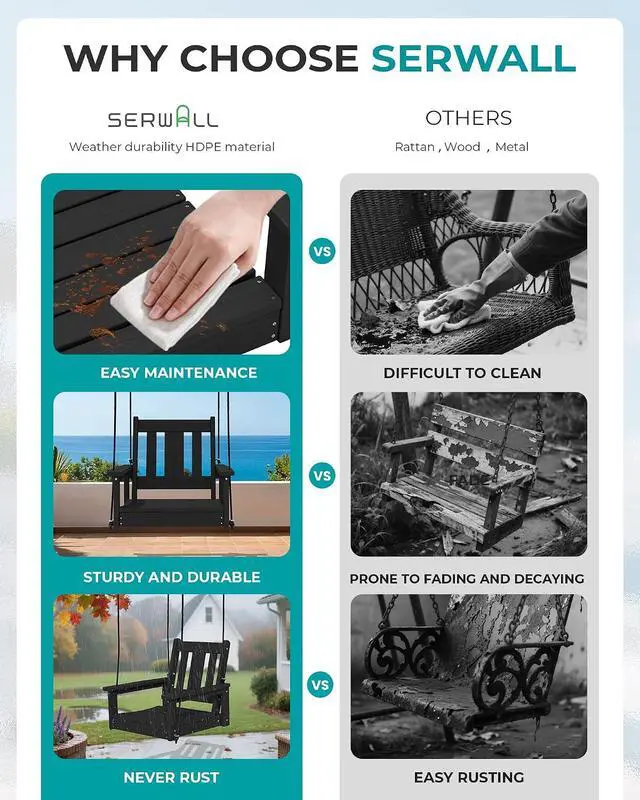 Alt view image 5 of 7 - HDPE Single Porch Swing Set of 2 with Pillows(500 PP Cotton Filling), Heavy Duty Single Person Swing Chair with Adjustable Hanging Ropes, Adirondack Hanging Chair for Courtyard & Garden, Black