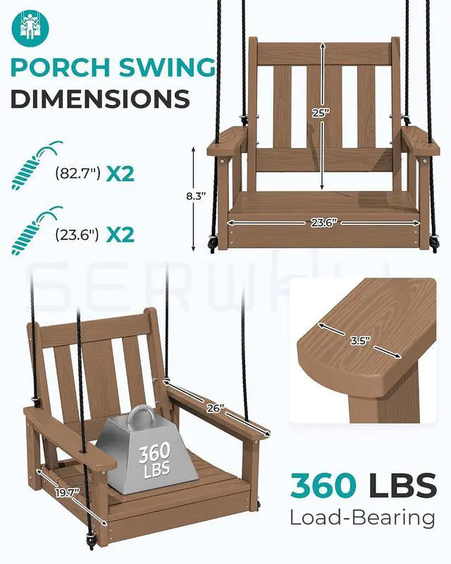 Alt view image 3 of 7 - HDPE Single Porch Swing, Heavy Duty Single Person Swing Chair with 2 Polypropylene Hanging Ropes, Adirondack Hanging Chair for Outdoor Front Porch Patio Garden Yard, Brown