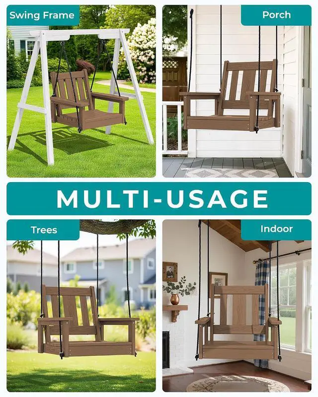 Alt view image 4 of 7 - HDPE Single Porch Swing, Heavy Duty Single Person Swing Chair with 2 Polypropylene Hanging Ropes, Adirondack Hanging Chair for Outdoor Front Porch Patio Garden Yard, Brown