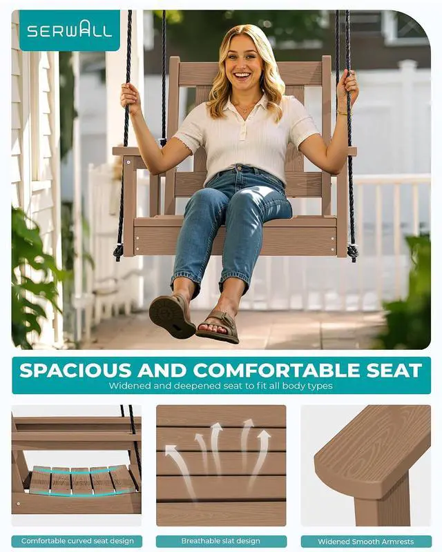 Alt view image 7 of 7 - HDPE Single Porch Swing Set of 2 with Pillows(500 PP Cotton Filling), Heavy Duty Single Person Swing Chair with Adjustable Hanging Ropes, Adirondack Hanging Chair for Courtyard & Garden, Brown