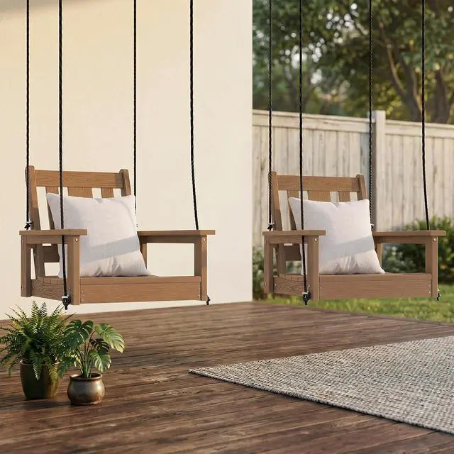 Main image of HDPE Single Porch Swing Set of 2 with Pillows(500 PP Cotton Filling), Heavy Duty Single Person Swing Chair with Adjustable Hanging Ropes, Adirondack Hanging Chair for Courtyard & Garden, Brown