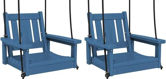 Main image of HDPE Single Porch Swing Set of 2, Heavy Duty Single Person Swing Chair with 2 Polypropylene Hanging Ropes, Adirondack Hanging Chair for Outdoor Front Porch Patio Garden Yard, Blue