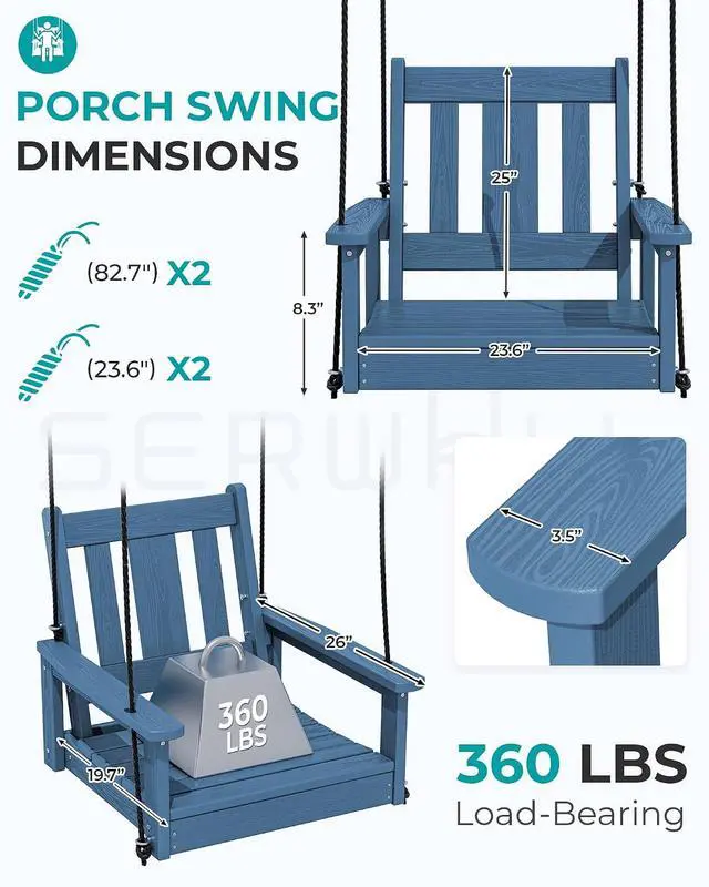 Alt view image 3 of 7 - HDPE Single Porch Swing, Heavy Duty Single Person Swing Chair with 2 Polypropylene Hanging Ropes, Adirondack Hanging Chair for Outdoor Front Porch Patio Garden Yard, Blue
