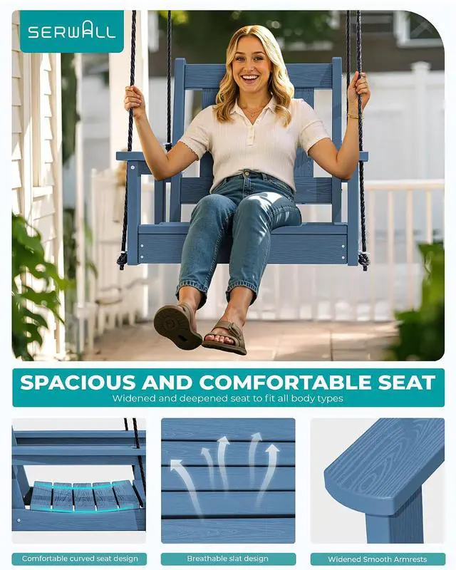 Alt view image 4 of 7 - HDPE Single Porch Swing, Heavy Duty Single Person Swing Chair with 2 Polypropylene Hanging Ropes, Adirondack Hanging Chair for Outdoor Front Porch Patio Garden Yard, Blue