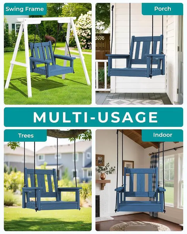 Alt view image 7 of 7 - HDPE Single Porch Swing, Heavy Duty Single Person Swing Chair with 2 Polypropylene Hanging Ropes, Adirondack Hanging Chair for Outdoor Front Porch Patio Garden Yard, Blue