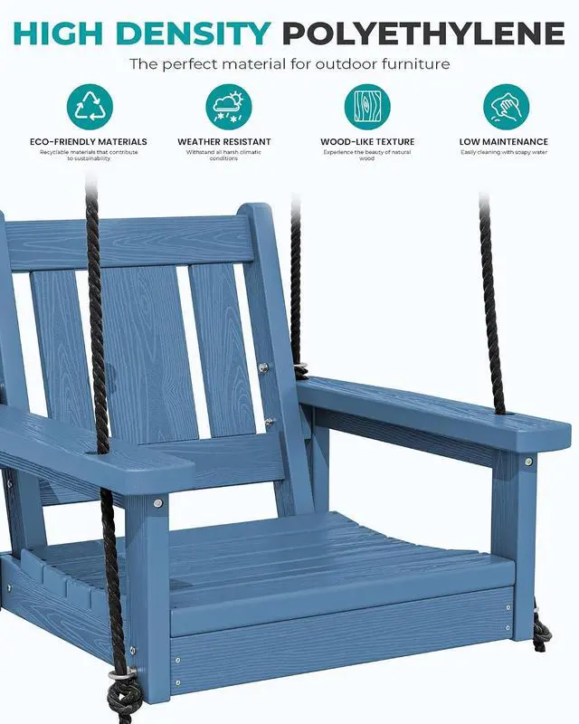 Alt view image 6 of 7 - HDPE Single Porch Swing Set of 2 with Pillows(500 PP Cotton Filling), Heavy Duty Single Person Swing Chair with Adjustable Hanging Ropes, Adirondack Hanging Chair for Courtyard & Garden, Blue