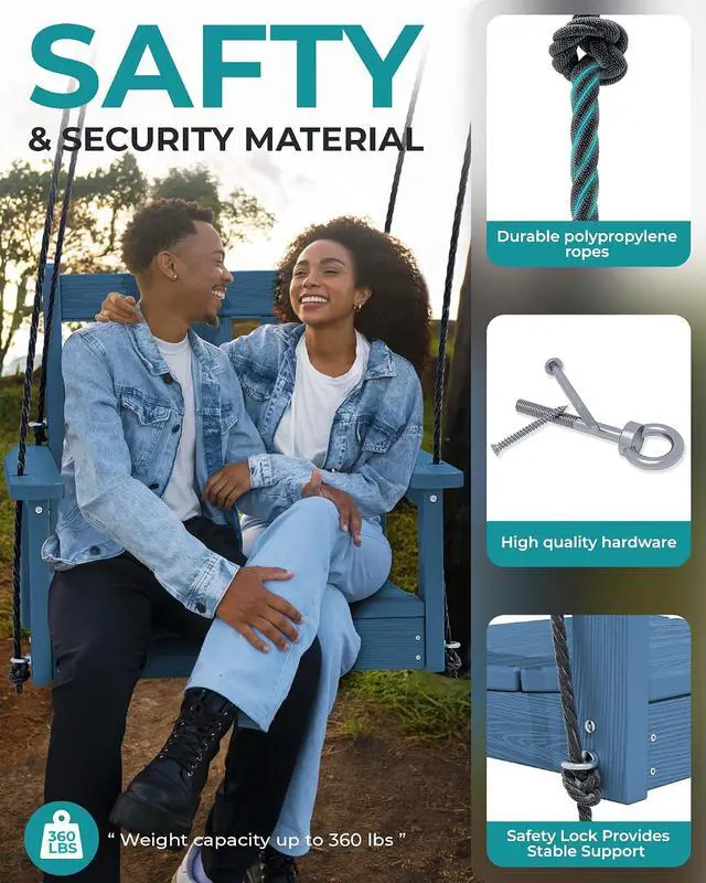 Alt view image 6 of 7 - HDPE Single Porch Swing, Heavy Duty Single Person Swing Chair with 2 Polypropylene Hanging Ropes, Adirondack Hanging Chair for Outdoor Front Porch Patio Garden Yard, Blue