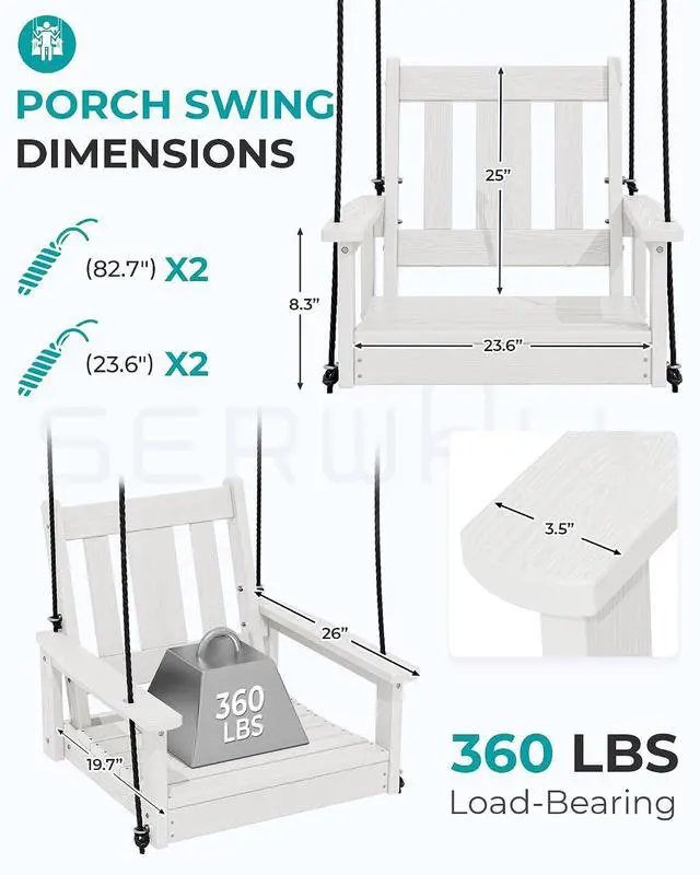 Alt view image 3 of 7 - HDPE Single Porch Swing Set of 2, Heavy Duty Single Person Swing Chair with 2 Polypropylene Hanging Ropes, Adirondack Hanging Chair for Outdoor Front Porch Patio Garden Yard, White