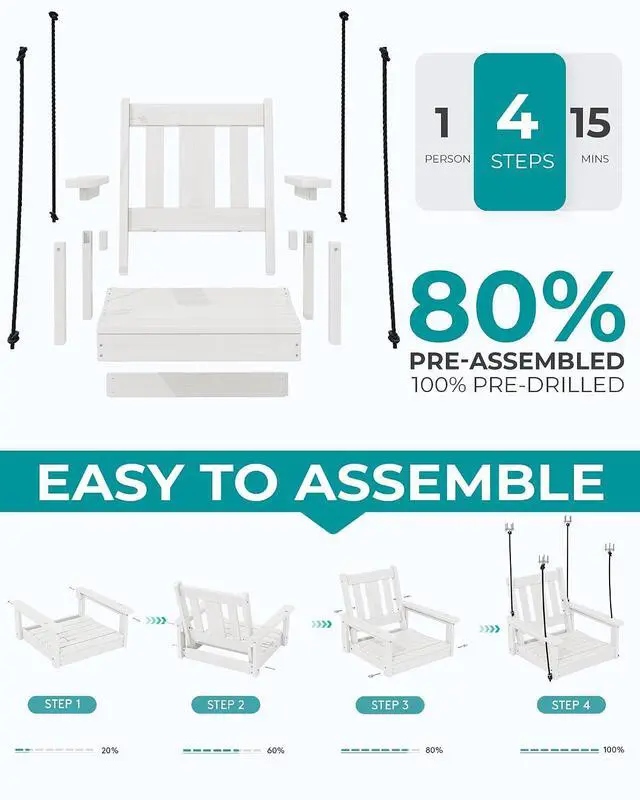 Alt view image 6 of 7 - HDPE Single Porch Swing, Heavy Duty Single Person Swing Chair with 2 Polypropylene Hanging Ropes, Adirondack Hanging Chair for Outdoor Front Porch Patio Garden Yard, White