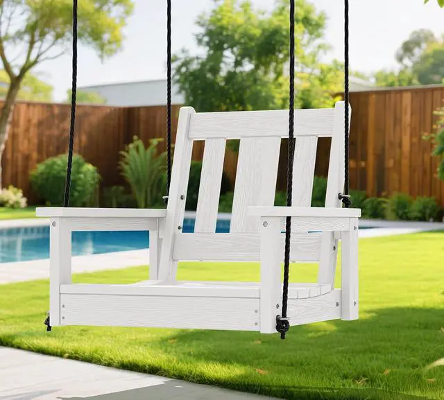 Alt view image 7 of 7 - HDPE Single Porch Swing, Heavy Duty Single Person Swing Chair with 2 Polypropylene Hanging Ropes, Adirondack Hanging Chair for Outdoor Front Porch Patio Garden Yard, White