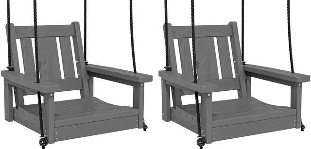 Main image of HDPE Single Porch Swing Set of 2, Heavy Duty Single Person Swing Chair with 2 Polypropylene Hanging Ropes, Adirondack Hanging Chair for Outdoor Front Porch Patio Garden Yard, Gray
