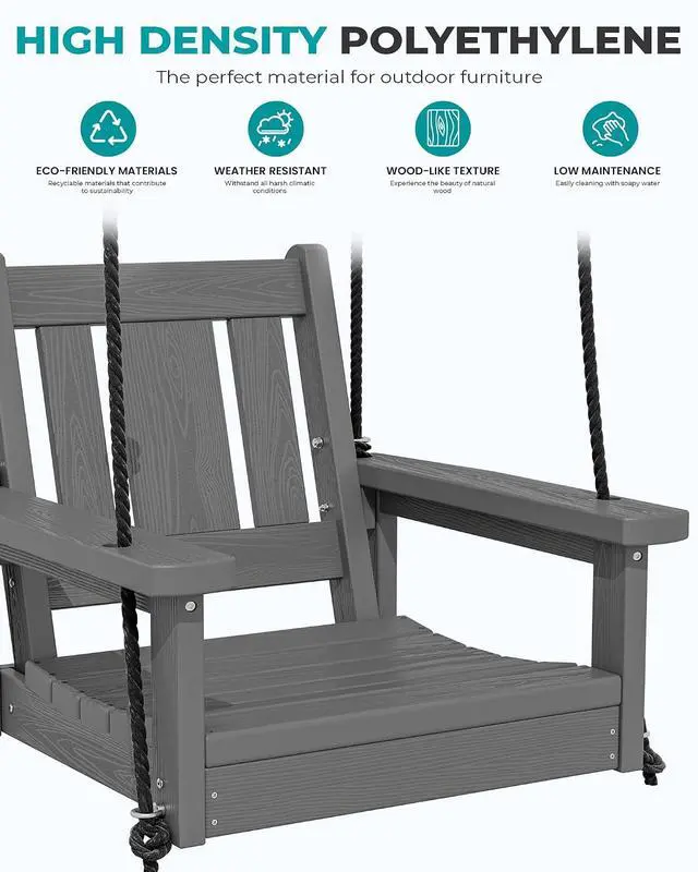 Alt view image 4 of 7 - HDPE Single Porch Swing, Heavy Duty Single Person Swing Chair with 2 Polypropylene Hanging Ropes, Adirondack Hanging Chair for Outdoor Front Porch Patio Garden Yard, Gray