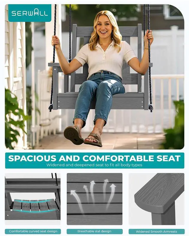 Alt view image 5 of 7 - HDPE Single Porch Swing, Heavy Duty Single Person Swing Chair with 2 Polypropylene Hanging Ropes, Adirondack Hanging Chair for Outdoor Front Porch Patio Garden Yard, Gray