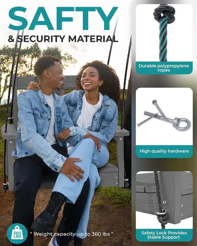 Alt view image 6 of 7 - HDPE Single Porch Swing, Heavy Duty Single Person Swing Chair with 2 Polypropylene Hanging Ropes, Adirondack Hanging Chair for Outdoor Front Porch Patio Garden Yard, Gray