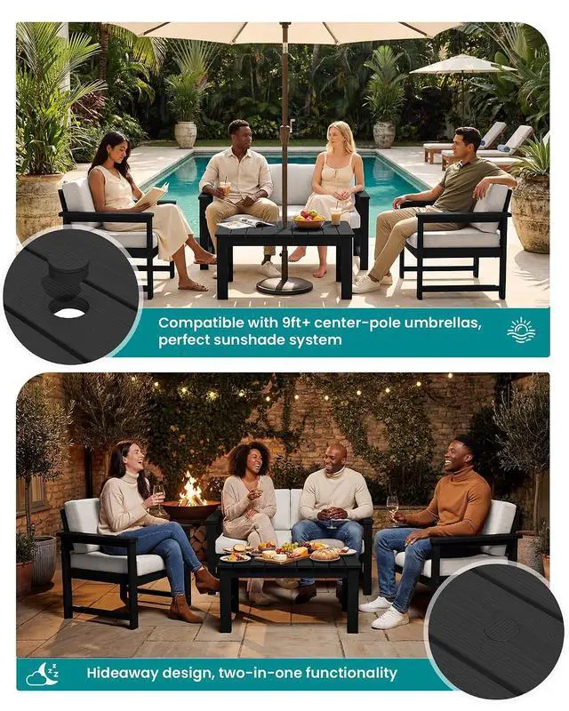 Alt view image 3 of 7 - 2 Pieces Single Cushioned Sofa Armchair, Black HDPE Adirondack Outdoor Sofa Lounge with Khaki Cushion