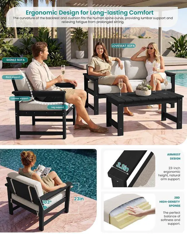 Alt view image 2 of 7 - 2 Pieces Single Cushioned Sofa Armchair, Black HDPE Adirondack Outdoor Sofa Lounge with Khaki Cushion