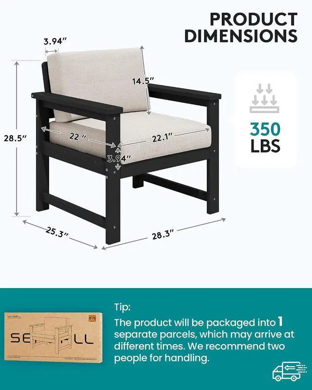 Alt view image 5 of 7 - 2 Pieces Single Cushioned Sofa Armchair, Black HDPE Adirondack Outdoor Sofa Lounge with Khaki Cushion