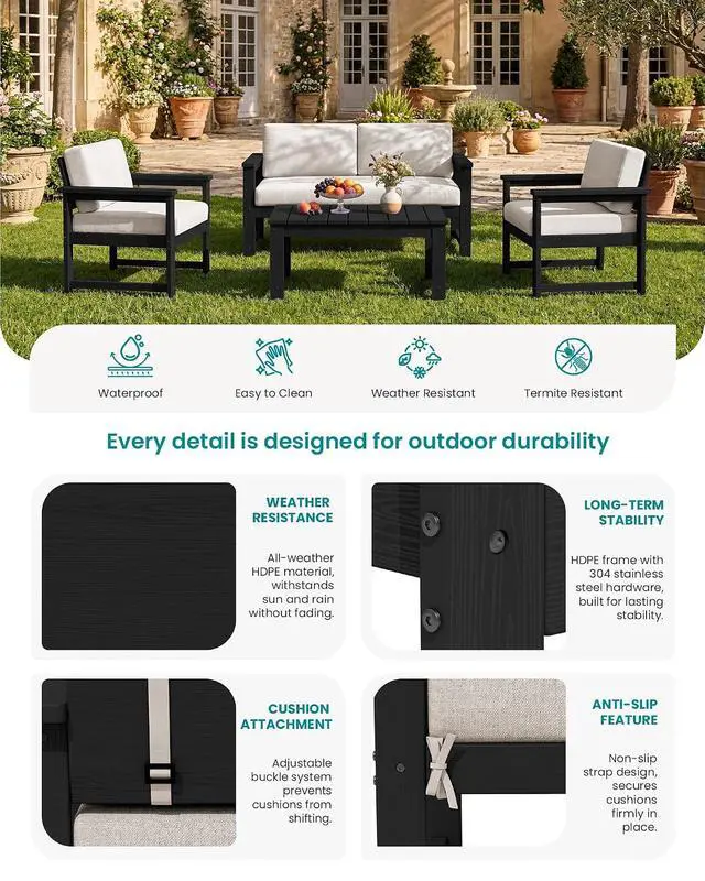 Alt view image 4 of 7 - 2 Pieces Single Cushioned Sofa Armchair, Black HDPE Adirondack Outdoor Sofa Lounge with Khaki Cushion