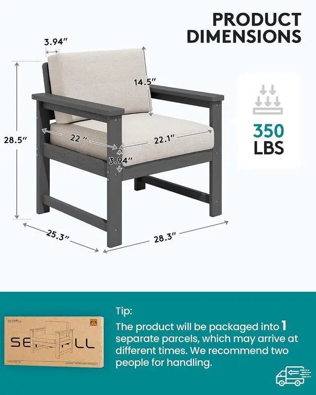 Alt view image 5 of 7 - 2 Pieces Single Cushioned Sofa Chair, Grey HDPE Outdoor Adirondack Lounge Armchair with Khaki Cushion