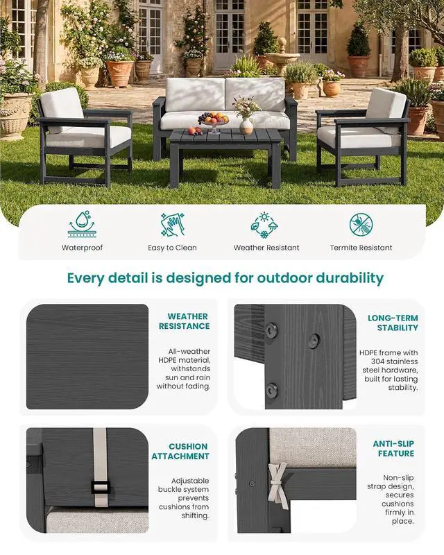 Alt view image 4 of 7 - 2 Pieces Single Cushioned Sofa Chair, Grey HDPE Outdoor Adirondack Lounge Armchair with Khaki Cushion