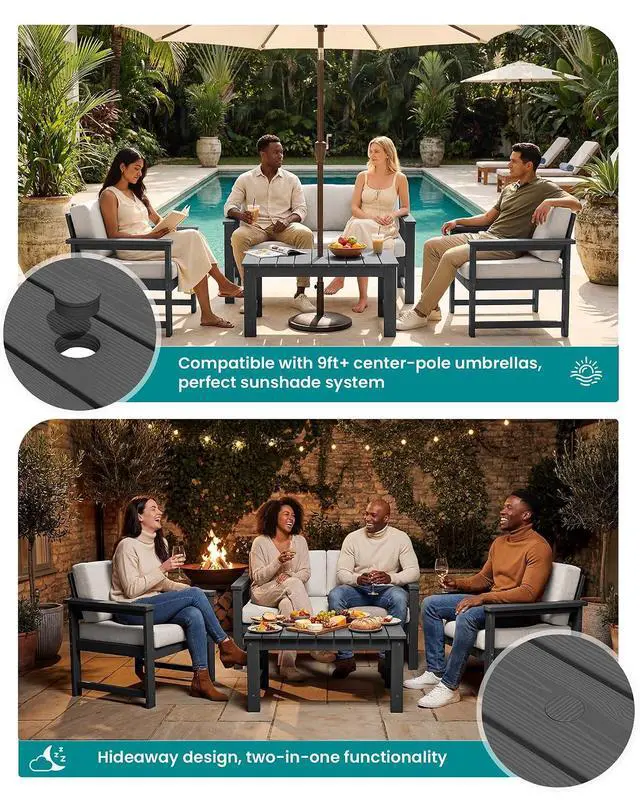 Alt view image 3 of 7 - 2 Pieces Single Cushioned Sofa Chair, Grey HDPE Outdoor Adirondack Lounge Armchair with Khaki Cushion